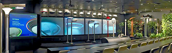 A photo of the Philips Gardco Showroom and its five video screens.